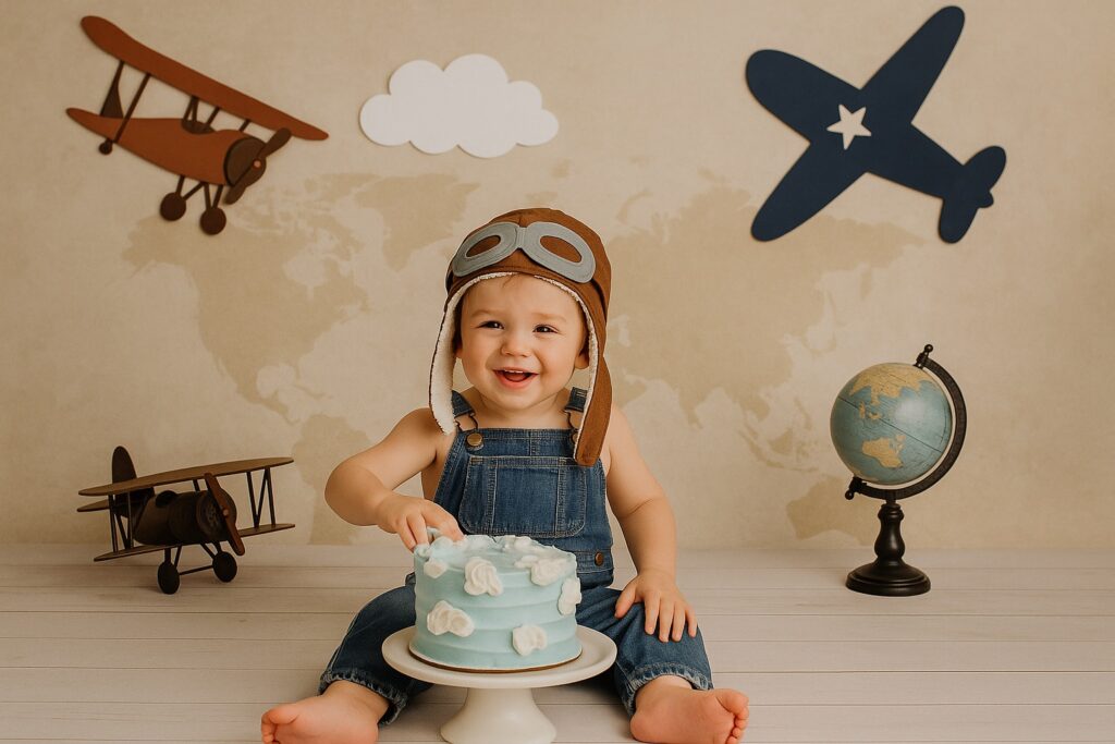 Baby boy in aviator goggles and overalls with a sky-blue cake and vintage plane props, seated on a wooden floor with map decor.