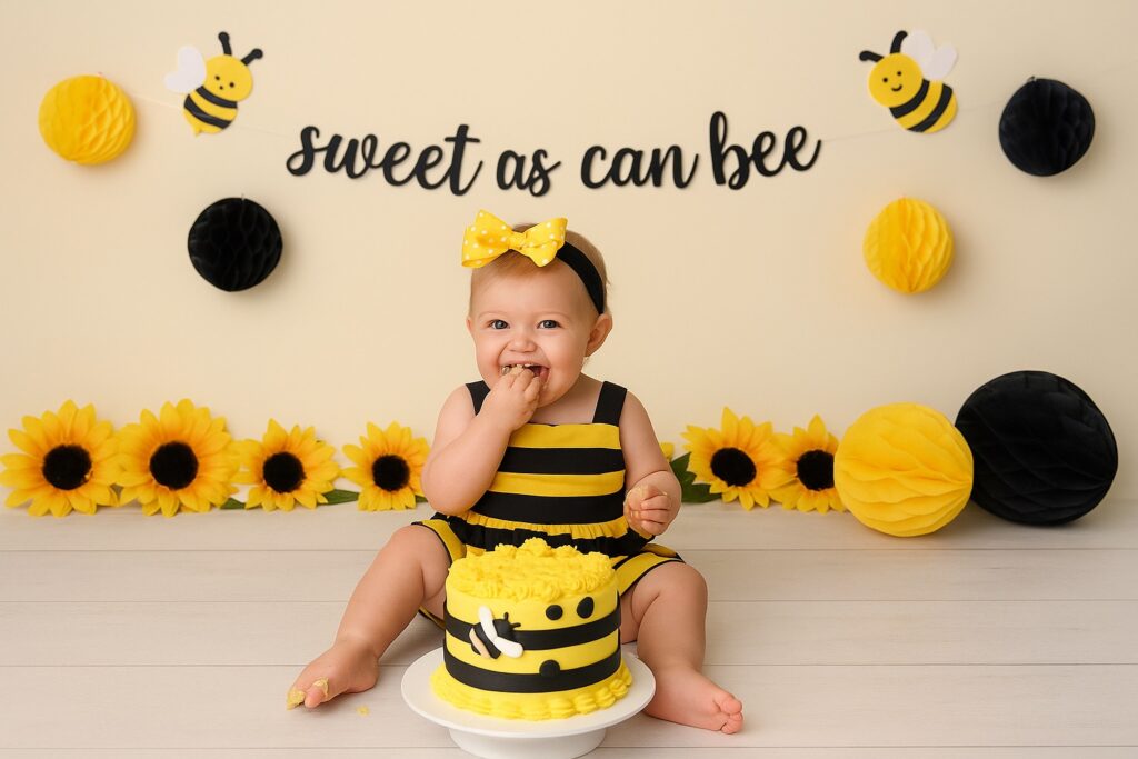 Baby girl in a yellow-and-black bee outfit sitting near a sunflower-covered cake with bee-themed balloons and decor for her cake smash photoshoot.