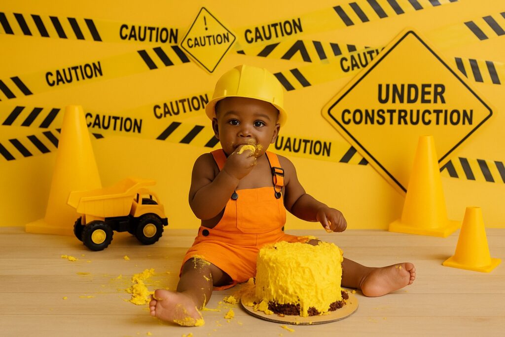 Baby boy eats for his cake smash photoshoot wearing orange overalls and a yellow hard hat sitting in front of a dump truck-themed cake surrounded by caution signs and toy tools.