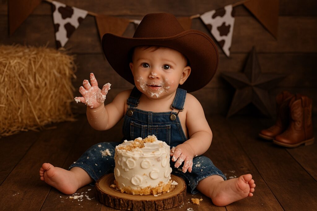 Baby boy in denim overalls and a cowboy hat sits in a rustic western setting with hay, boots, and a star backdrop, joyfully smashing a small vanilla cake.