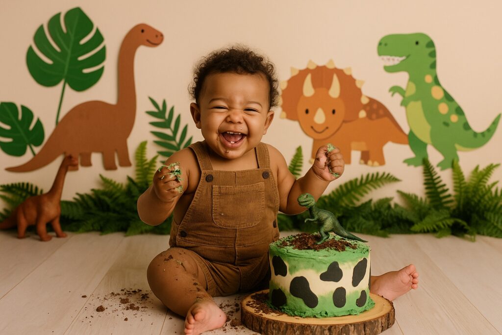 Baby boy in brown overalls surrounded by toy dinosaurs and greenery, digging into a green dinosaur-themed cake.