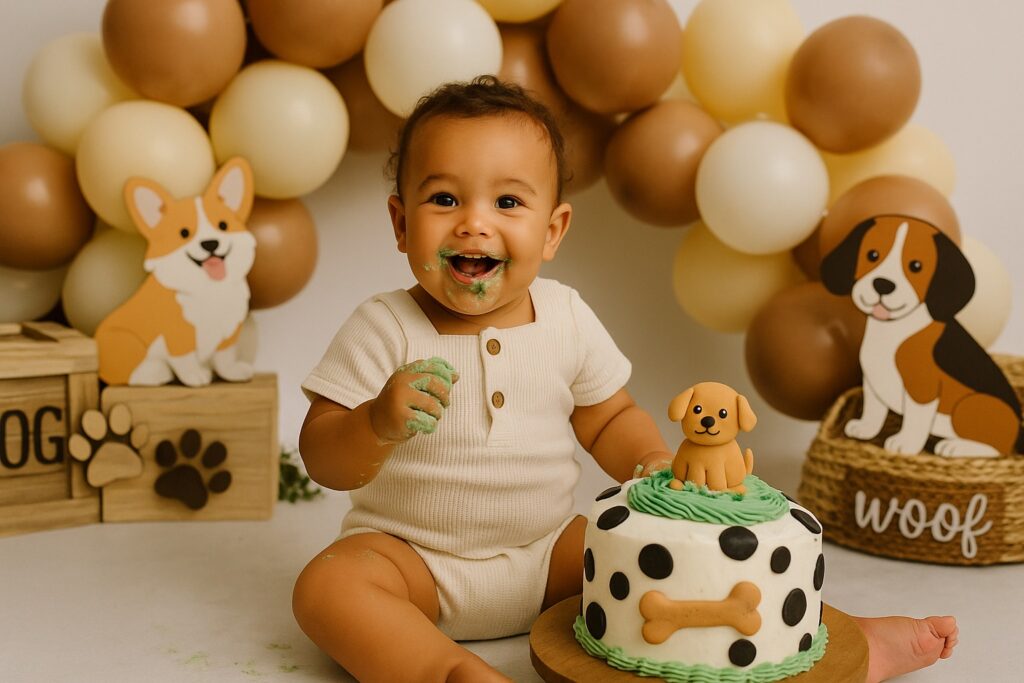 Baby boy in a puppy-print onesie surrounded by dog toys and paw-print balloons, smashing a Dalmatian-style cake.