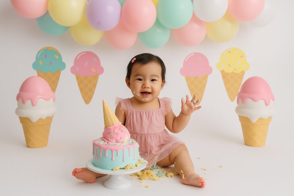 Baby girl in a pastel tulle dress surrounded by ice cream cones, sprinkles, and a melting ice cream cake.