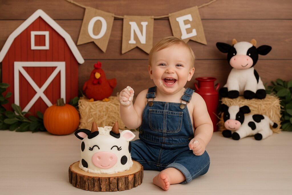 Baby boy in denim overalls surrounded by hay bales and farm animals, smashing a cow-print cake with frosting on his face.