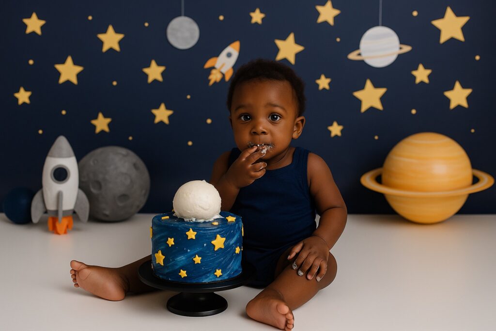 Baby boy in astronaut-themed decor with planets and rockets, smashing a galaxy-frosted cake.