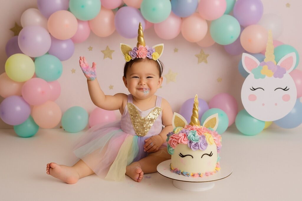 Baby girl in a rainbow tutu and unicorn headband surrounded by pastel balloons, smashing a unicorn cake with sparkly frosting.