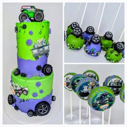 A bright green and purple monster truck cake with coordinating cake pops and toppers.