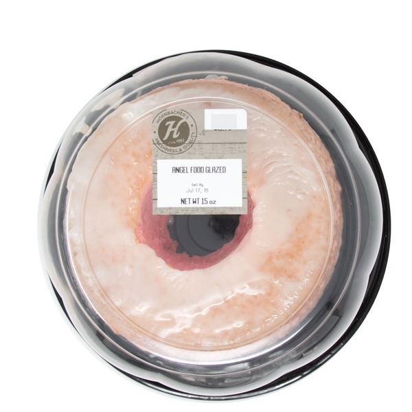 A packaged glazed angel food cake from Hornbacher’s, displayed in a clear plastic container.