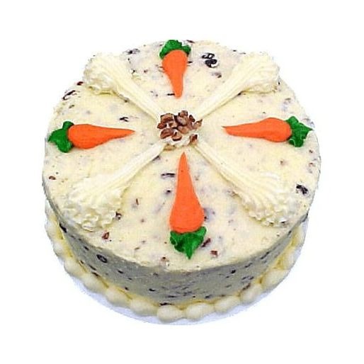 A frosted carrot cake decorated with piped cream cheese frosting and icing carrots on top.