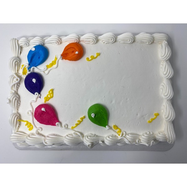  A white frosted sheet cake with colorful balloon decorations and piped icing borders.