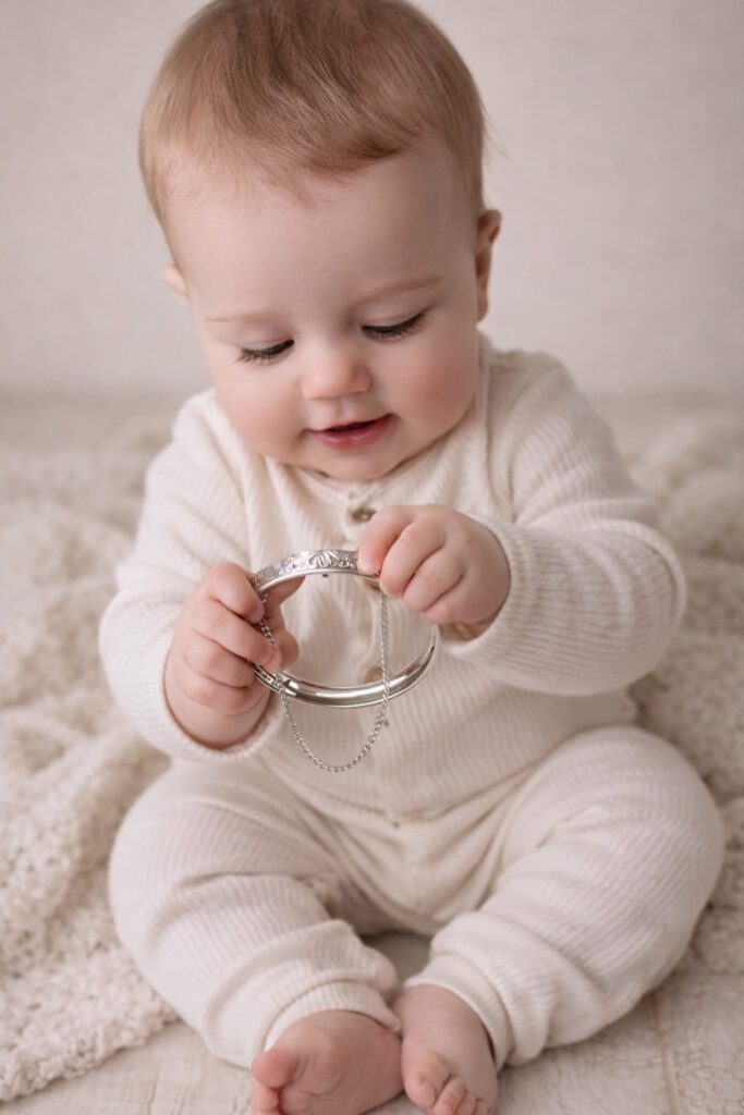 Baby playing with a silver bracelet heirloom
