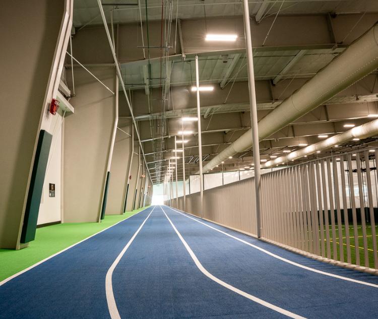 Indoor walking and running track inside the Fargo Parks Sports Center recreation facility.