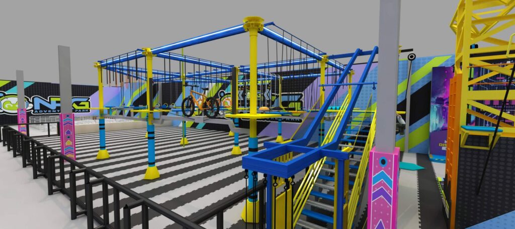 Adventure obstacle course and activity area inside NRG Adventure Park with climbing challenges, balance features and interactive play zones.